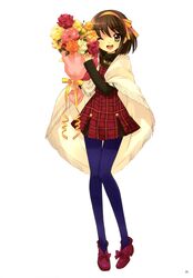  1girl ;d absurdres bouquet brown_eyes brown_hair dress flower highres itou_noiji legs open_mouth pantyhose purple_legwear shawl simple_background smile suzumiya_haruhi suzumiya_haruhi_no_yuuutsu tagme wink 