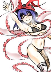  bikini blue_hair boots bow closed_eyes eyes_closed hat hat_bow mabuchoco_m nagae_iku purple_hair ribbon shawl short_hair smile solo sweat swimsuit touhou wrestling_outfit 