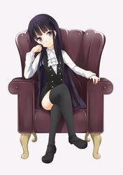  armchair azunyan73 black_legwear blush chair crossed_legs inu_x_boku_ss legs_crossed long_hair looking_at_viewer mary_janes purple_eyes school_uniform shirakiin_ririchiyo shoes simple_background sitting smile solo thigh-highs thighhighs violet_eyes white_background 