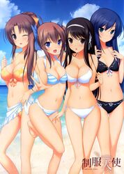  :d ;d absurdres bare_shoulders bikini black_bikini black_hair blue_eyes blue_hair blue_sky breast_press breasts brown_eyes brown_hair cleavage flat_chest front-tie_top green_eyes hair_ribbon highres kisaragi_myau large_breasts long_hair looking_at_viewer manahime_honoka mochizuki_ayane multiple_girls nanami_shion navel neon_(seifuku_tenshi) o-ring_bottom open_mouth payot ponytail ribbon sarong scan seifuku_tenshi side-tie_bikini sky smile string_bikini striped striped_bikini striped_swimsuit swimsuit thigh_gap twintails v white_bikini wink 
