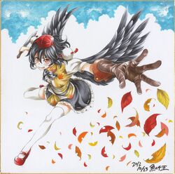  :p absurdres artist_name black_hair blush dated gloves hat highres knife leaf looking_at_viewer marker_(medium) mary_janes outstretched_arm red_eyes shameimaru_aya shikishi shoes short_hair skirt solo thigh-highs thighhighs tokin_hat tongue touhou traditional_media uousa white_legwear wings 