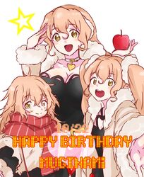  absurdres alpha_(smashbox) apple birthday breasts brown_hair character_name cleavage food fruit happy_birthday highres large_breasts long_hair long_sleeves messy_hair muginami multiple_persona open_mouth outstretched_hand rinne_no_lagrange salute scarf smile star teeth time_paradox twintails white_background yellow_eyes young 