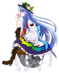  blue_hair blush boots dress eating food fruit hat hinanawi_tenshi keystone long_hair marblewars open_mouth peach red_eyes rock rope short_sleeves sitting solo touhou 