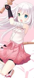  bandage bandages heterochromia hitsukuya japanese_clothes long_hair miko original solo white_hair wooden_sword 