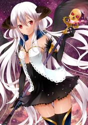  black_legwear black_wings demon_horns dress elbow_gloves gloves holding long_hair looking_at_viewer original red_eyes shirt solo staff thigh-highs thighhighs very_long_hair white_shirt wings yuni_(irohasuiroiro) 