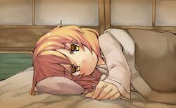  blonde_hair hachi105 kurodani_yamame looking_at_viewer lying on_side pillow short_hair solo touhou under_covers yellow_eyes 