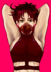  1boy arms_up green_eyes jojo_no_kimyou_na_bouken joseph_joestar_(young) mask midriff own_nnnaooow purple_hair solo 