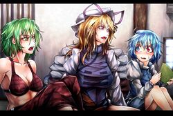  bare_shoulders blonde_hair blue_eyes blue_hair blush book bra breasts cleavage green_eyes green_hair hat hat_ribbon heterochromia kazami_yuuka letterboxed long_hair manatsu_no_yoru_no_inmu multiple_girls open_mouth parody piplup plaid plaid_bra pokemon purple_eyes red_eyes ribbon ryuuichi_(f_dragon) short_hair sitting skirt sweatdrop tabard tatara_kogasa touhou underwear violet_eyes yakumo_yukari 
