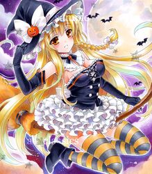  alternate_costume at_classics bare_shoulders bat black_gloves blonde_hair breasts broom broom_riding brown_eyes cleavage elbow_gloves full_moon gloves halloween hand_on_hat hat jack-o'-lantern jack-o'-lantern kirisame_marisa large_breasts long_hair moon pumpkin_hair_ornament sample solo striped striped_legwear thigh-highs thighhighs touhou traditional_media very_long_hair witch witch_hat 