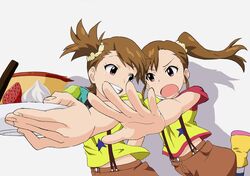  brown_eyes brown_hair dessert food foreshortening futami_ami futami_mami grin hands highres idolmaster kiyukiyutan multiple_girls open_mouth plate scrunchie short_ponytail siblings side_ponytail sisters smile suspenders twins 
