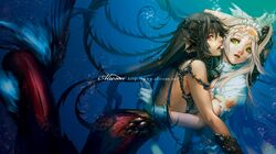  armor biting black_hair dress ear_biting fantasy gloves green_eyes head_fins highres hug ichimura_yuu mermaid monster_girl multiple_girls original red_eyes tan underwater wallpaper white_gloves white_hair yuri 