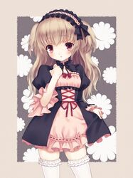  blonde_hair blush breasts dress headdress lolita_hairband long_hair original red_eyes short_twintails solo suzu_(kosakabe) thigh-highs thighhighs twintails two_side_up white_legwear 