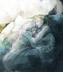  1girl bed couple emiya_kiritsugu facial_hair fate/zero fate_(series) hiotosai husband_and_wife irisviel_von_einzbern long_hair stubble 