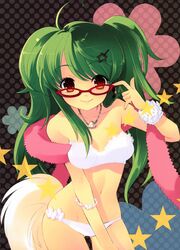  absurdres bikini bra bracelet glasses green_hair hair_ornament highres inukami inukami! itou_noiji jewelry megane necklace noizi_ito pantsu polka_dot red_eyes solo star swimsuit tail white_bikini youko youko_(inukami) 