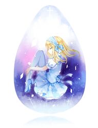  bad_id blonde_hair blue_legwear closed_eyes dress eyes_closed headdress long_hair original ribbon solo stari thigh-highs thighhighs 