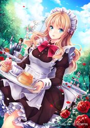  1boy 1girl apron artist_name blonde_hair blue_eyes bow clouds cup cupcake flower frills garden hobak leaf long_hair maid maid_headdress original petals red_rose rose tray tree watermark web_address 