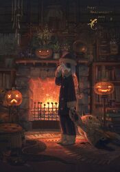  book bookshelf fireplace glowing glowing_eyes grey_eyes halloween hat highres jack-o'-lantern jack-o'-lantern mattress open_mouth original pajamas picture_(object) seeker short_hair solo stuffed_toy yawning 