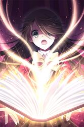  book bow brown_hair dress_shirt glowing green_eyes hair_over_one_eye holding long_hair lowres magic mauve open_book open_mouth outstretched_hand plaid plaid_skirt pleated_skirt ribbon school_uniform shirt skirt surprised sword_girls 