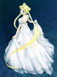  bare_back bishoujo_senshi_sailor_moon blue_eyes clothes_grab crescent_moon double_bun dress facial_mark forehead_mark full_body hair_bun long_hair looking_back meriru_ururu moon night night_sky princess_serenity puffy_short_sleeves puffy_sleeves reflection short_sleeves sky solo tsukino_usagi twintails water white_dress 