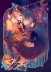  ;q arm_up blonde_hair braid candy dress fingerless_gloves gloves halloween hat hat_ribbon jack-o'-lantern jack-o'-lantern kirisame_marisa long_hair ribbon sa9no single_braid solo star sweets tongue touhou wink witch_hat yellow_eyes 