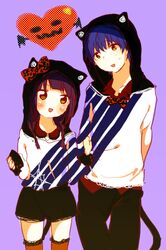  1girl aguri_(aguri0406-aoi) animal_ears black_hair cat_ears halloween hoodie parka purple_hair shirt short_hair souma_hiroomi striped striped_shirt tail working!! yamada_aoi yellow_eyes 