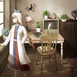  blue_eyes book braid chair desk dress flower hat hourglass labcoat lamp long_hair morioka_itari nurse_cap pantyhose pen silver_hair smile solo touhou very_long_hair white_legwear window yagokoro_eirin 