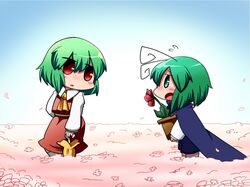  antennae ascot blush_stickers cape chibi flower flower_pot green_eyes green_hair kazami_yuuka leaf multiple_girls nura_(oaaaaaa) red_eyes touhou umbrella wriggle_nightbug 