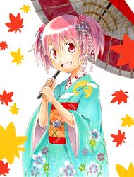  autumn_leaves floral_print flower hair_flower hair_ornament highres japanese_clothes kaname_madoka kimono leaf mahou_shoujo_madoka_magica maple_leaf marker_(medium) millipen_(medium) obi oriental_umbrella pink_eyes pink_hair short_hair short_twintails smile solo traditional_media tuskman twintails umbrella 