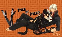  1girl argyle argyle_background bayonetta bayonetta_(character) black_hair character_name couple crossover dante devil_may_cry glasses halloween high_heels hiryuu lipstick long_hair makeup shoes short_hair smile trick_or_treat very_long_hair white_hair 