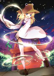  :d blonde_hair blue_eyes frog hat moriya's_iron_rings moriya's_iron_rings moriya_suwako open_mouth pandako short_hair smile solo thigh-highs thighhighs torii touhou white_legwear 