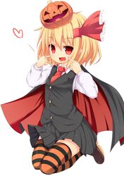  :d blonde_hair blush cape dress_shirt fang gamuo hair_ribbon halloween heart highres jack-o'-lantern jack-o'-lantern looking_at_viewer necktie open_mouth red_eyes ribbon rumia shirt short_hair simple_background skirt smile solo striped striped_legwear thigh-highs thighhighs touhou white_legwear 
