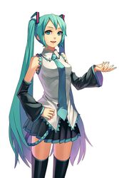  :d aqua_eyes aqua_hair bare_shoulders black_legwear detached_sleeves fkey hair_ornament hatsune_miku highres long_hair nail_polish necktie open_mouth skirt sleeveless sleeveless_shirt smile solo thigh-highs thighhighs twintails very_long_hair vocaloid 