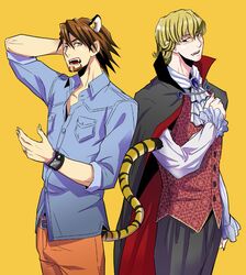 animal_ears barnaby_brooks_jr blonde_hair bracelet brown_eyes brown_hair cape costume cravat denim facial_hair fangs glasses halloween jewelry kaburagi_t_kotetsu kemonomimi_mode multiple_boys red_eyes stubble tail tiger_&amp;_bunny tiger_ears tiger_tail toritobu vampire watch wristwatch 
