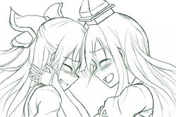  blush bow flask_(pandora) fujiwara_no_mokou hair_bow hands_on_another's_face hands_on_another's_face hat kamishirasawa_keine long_hair multiple_girls open_mouth simple_background smile tears touhou white_background 