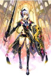  armor fantasy fuumi_(radial_engine) gothic_architecture greaves kyouya_kakehi leaf marker_(medium) millipen_(medium) original pink_eyes purple_hair shield solo standing sword traditional_media weapon 