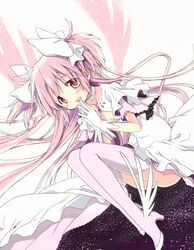  aoki_ume blush bow brown_eyes cleavage_cutout cutout detexted dress dutch_angle foot_wings frilled_sleeves frills gem gloves goddess_madoka hair_bow hair_ribbon highres kaname_madoka legs_folded long_dress long_hair long_skirt looking_at_viewer mahou_shoujo_madoka_magica mahou_shoujo_madoka_magica_movie newtype official_art photoshop pink_hair ribbon skirt solo space star_(sky) thigh-highs thighhighs thighs two_side_up ultimate_madoka very_long_hair white_background white_dress white_gloves white_ribbon wings 