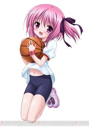  basketball bike_shorts blush dengeki gym_uniform hair_ribbon minato_tomoka navel open_mouth purple_eyes purple_hair ribbon rou-kyuu-bu! shoes short_hair shorts side_ponytail smile sneakers violet_eyes watermark 