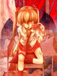  ;) brown_hair cellphone chair curtains demon_tail demon_wings holding long_hair mouth_hold naruse necktie original phone pocky red_eyes school_desk shirt sitting skirt solo tail twintails white_shirt wind wings wink 