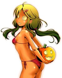  :d ahoge ao_usagi arched_back arms_behind_back ass bikini dark_skin fang from_behind glowing green_hair hair_ornament hairclip halloween holding jack-o'-lantern jack-o'-lantern long_hair looking_back no_eyes open_mouth orange_skin original personification side-tie_bikini simple_background smile smiley_face solo striped striped_bikini striped_swimsuit swimsuit twintails 