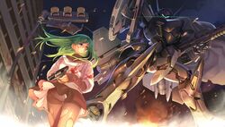  battle blood blood_on_face blue_eyes building fire flyx2 green_hair gun highres light_trail locked_slide long_hair mecha muvluv ruins science_fiction skirt smoke tears torn_clothes traffic_light weapon wind 