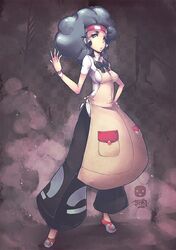  afro aloe_(pokemon) apron artist_request bad_anatomy baggy_pants blouse blue_eyes breasts dark_skin erect_nipples female green_hair gym_leader headband jr4rt pants pokemon pokemon_(game) pokemon_black_and_white pokemon_bw short_sleeves solo whitewashed 