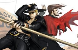  belt blonde_hair brown_eyes brown_hair facial_hair gloves guilty_gear hat johnny_(guilty_gear) long_hair minoo monocle pipe pirate skull_and_crossbones slayer_(guilty_gear) sunglasses sword vampire weapon 