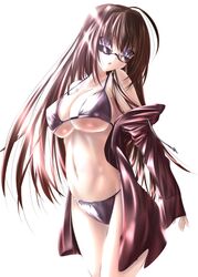  ahoge akeyama_kitsune aozaki_aoko bikini black_hair blue_eyes breasts brown_hair cleavage coat glasses hair_intakes large_breasts long_hair mahou_tsukai_no_yoru off_shoulder open_mouth purple_eyes solo sunglasses swimsuit underboob violet_eyes 