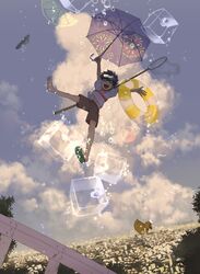  bubble closed_eyes eyes_closed falling goggles happy innertube negi_abura negi_yuu net original rubber_duck scenery sky smile umbrella 
