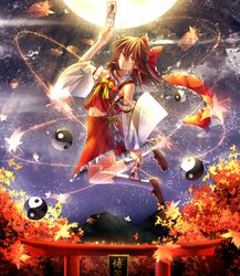  bow brown_hair detached_sleeves full_moon fuuna_(conclusion) hair_bow hair_tubes hakurei_reimu highres leaf loafers long_hair moon navel ofuda orange_eyes sarashi shoes skirt solo touhou wide_sleeves yin_yang 