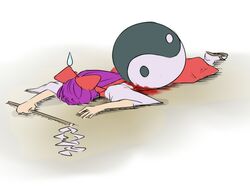  blood bow failure gohei hair_bow hakurei_reimu hakurei_reimu_(classic) highly_responsive_to_prayers long_hair miyo_(ranthath) on_floor purple_hair sandals solo touhou yin_yang 