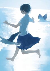  1girl barefoot bird black_eyes black_hair namito original school_uniform serafuku short_hair skirt solo water 