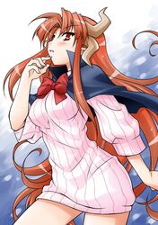  akou_roushi blush bottomless cape horns long_hair looking_at_viewer naked_sweater no_pants red_eyes red_hair redhead ribbed_sweater shingyoku solo sweater touhou very_long_hair 