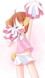  ahoge animal_ears armpits brown_hair cheerleader closed_eyes dog_ears dog_tail eyes_closed fang highres inuarashi meiko_(inuarashi) navel open_mouth original pom_poms short_hair skirt smile tail 