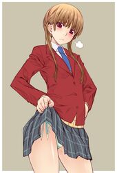  blazer blush brown_hair collarbone long_hair looking_at_viewer low_twintails mizutani_shizuku nagayori necktie panties school_uniform short_hair side-tie_panties simple_background skirt skirt_lift solo striped striped_panties sweater tonari_no_kaibutsu-kun twintails underwear 